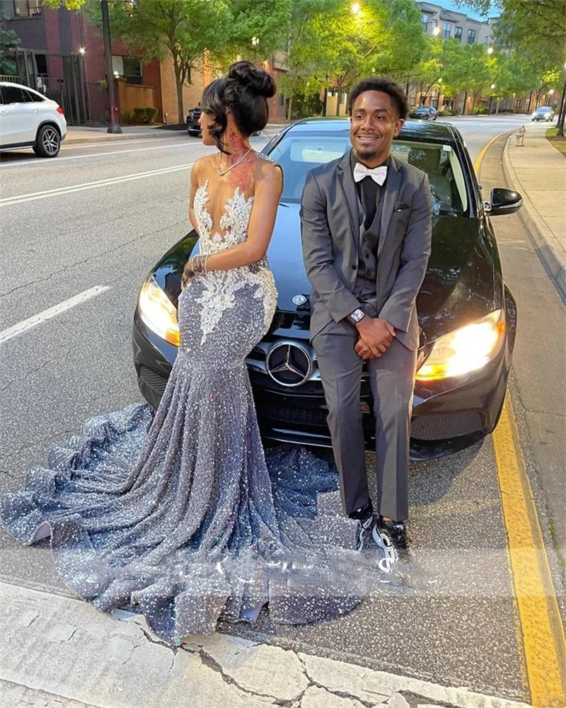 Sier Sheer O Neck Long Prom Dress For Black Girls 2024 Sparkly Sequined Birthday Party Dresses Appliques Evening Gowns Merma New