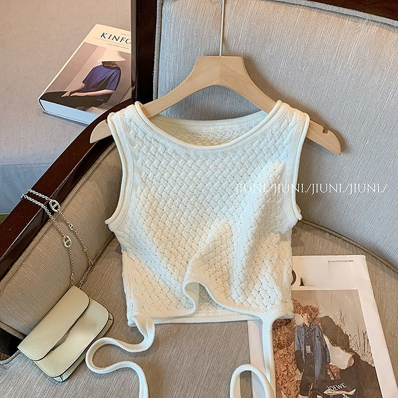 Two Piece Dress Tanks Tops Camis Crop O Neck Lace Up Blouse Sleeveless T Shirt A Line White Skirts Knitting Two Piece Sets Slim Spring Wild 230421