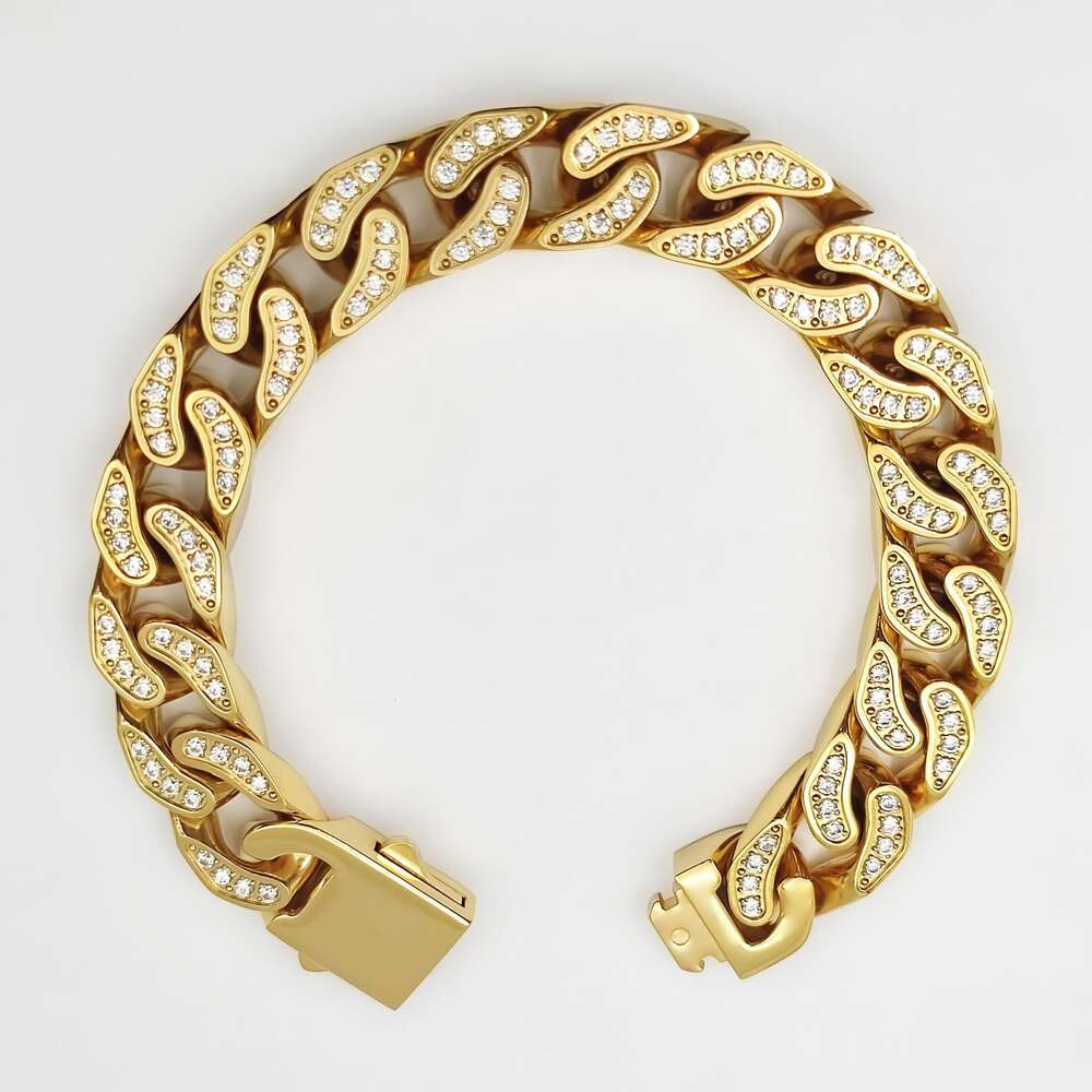Gold studded Cuban bracelet hip-hop trendy brand full diamond jewelry stainless steel four sided grinding bracelet