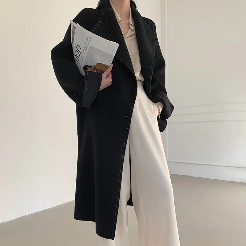 Women's Wool Blends Women Real Coat Lady's Fashion Winter Autumn Chic Jacket Belt Long Sleeve Pockets Trench Hx5780 231120