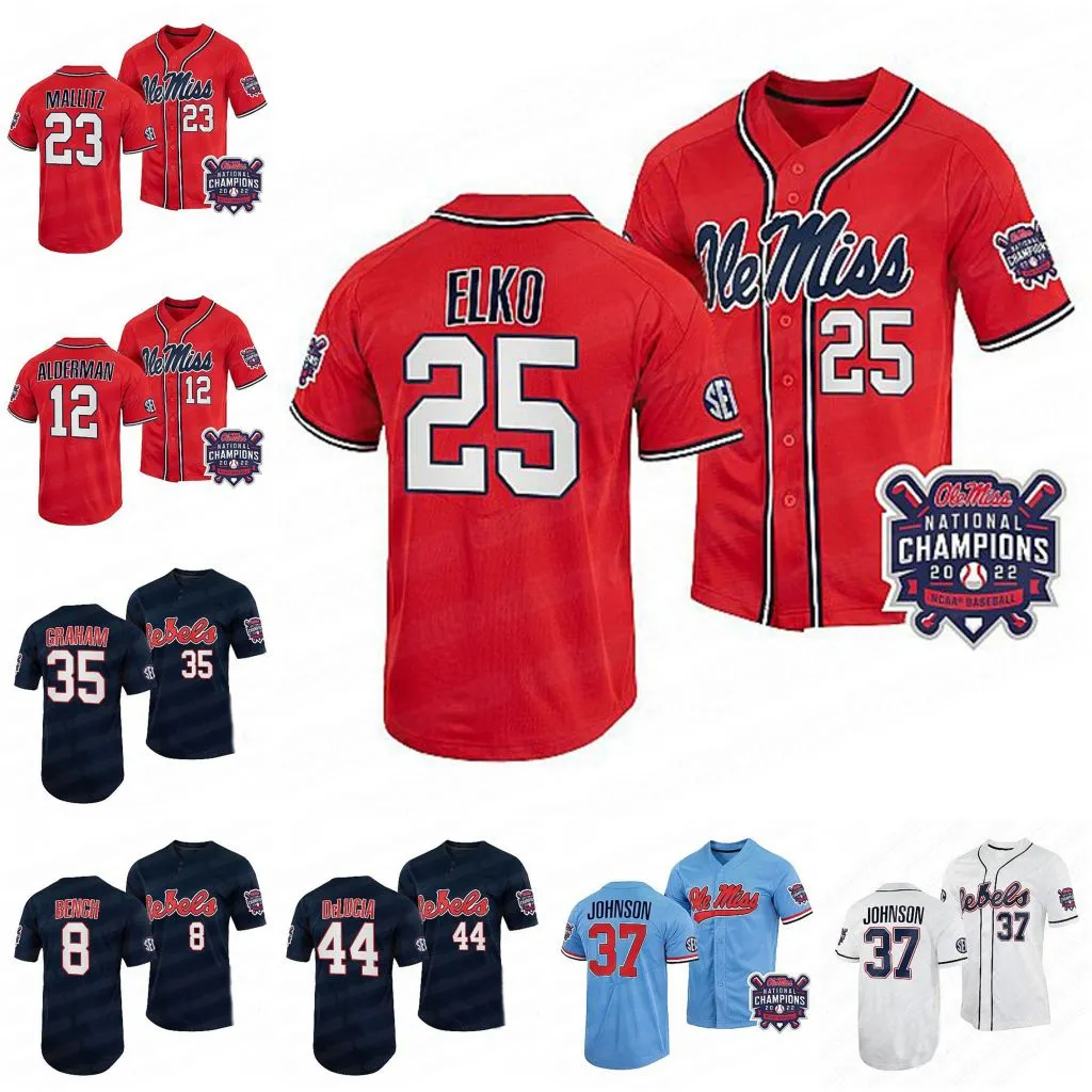 2022 College World Champions Ole Miss Baseball Jersey Kemp Rebels Alderman Brandon Johnson Justin Bench Dylan Delucia Derek Diamond Tim Elko Josh Mallitz Jers