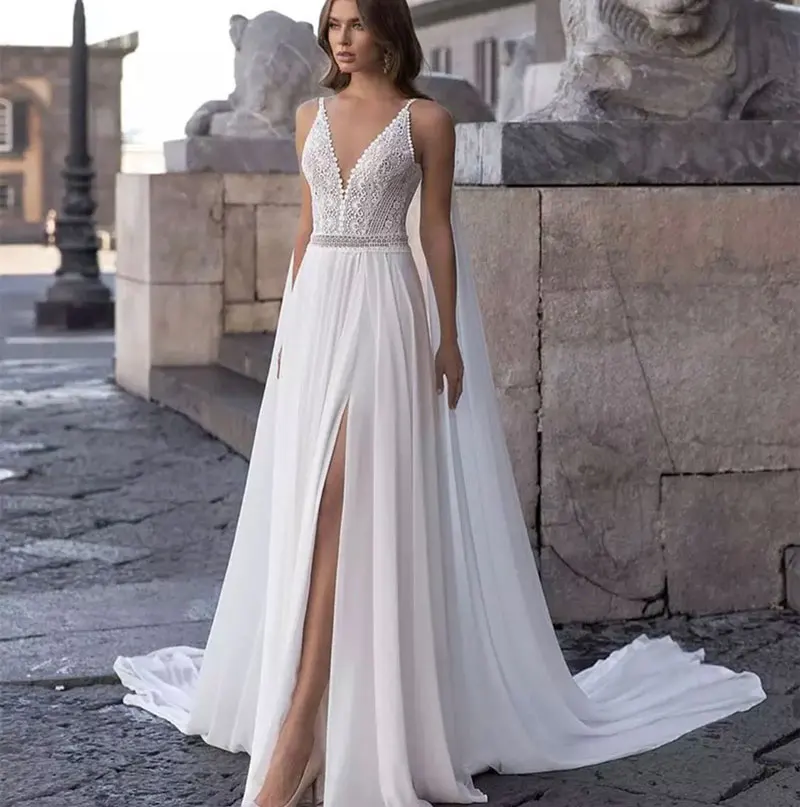 2024 Bohemian Chiffon A Line Wedding Dress Lace Appliques V-Neck Long Beach Bridal Gowns Sexy Open Back White Bride Dresses Summer
