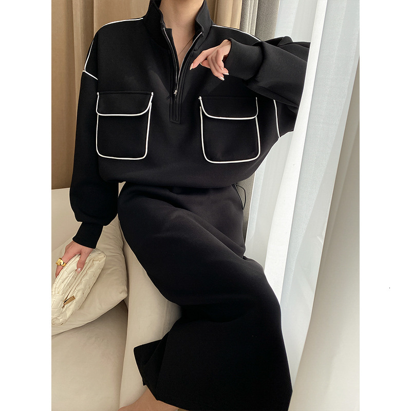 Two Piece Dress 80% cotton spring small lapel suit women's casual lazy trend ins loose half zipper sweater dress ladies two-piece suit 230421