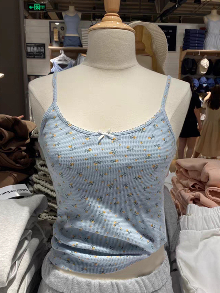 Womens TShirt Vintage Floral Print Lace Short Sets Sweet Bow Camis Tops And Shorts Cute Two Piece Set Women Casual Summer Waffle Outfits 230420