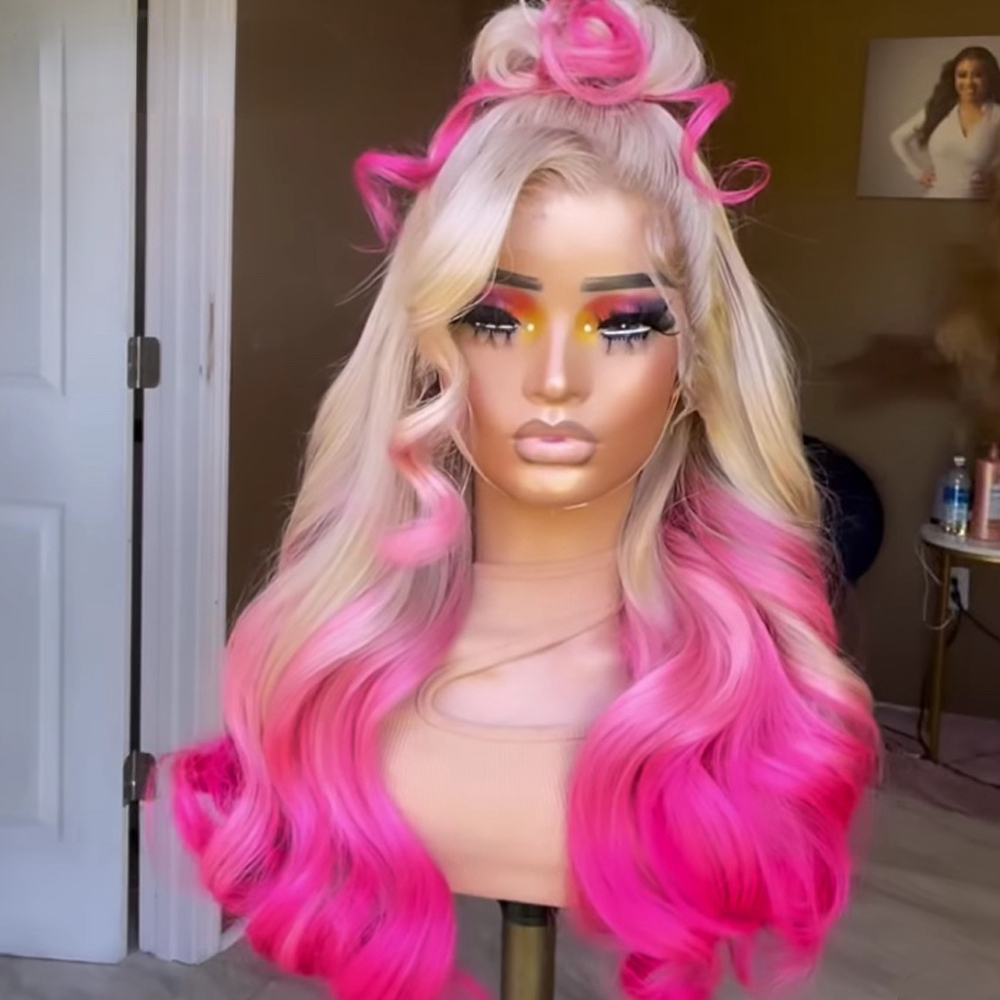 Brazilian Ombre Blonde Pink Lace Front Wigs Preplucked Body Wave 13x4 HD Transparent Synthetic Lace Wig Cosplay