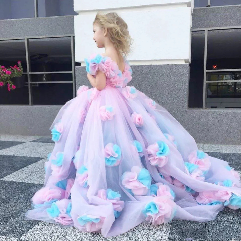 3D Foral Appliques Cute Flower Girls Dresses For Child 2023 Colorful Toddler Kids Brithday Party Gowns V-neck Sleeveless Princess First Communion Dres