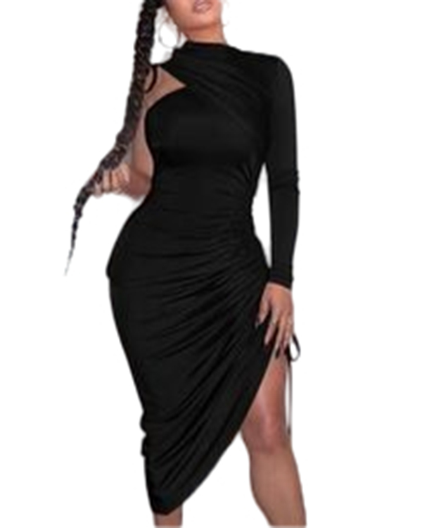 Casual Dresses Sexy One Shoulder Drawstring Ruched Bodycon Dress Women Solid Long Sleeve Mid-calf Night Club Party AAA Discount for in-store purchases