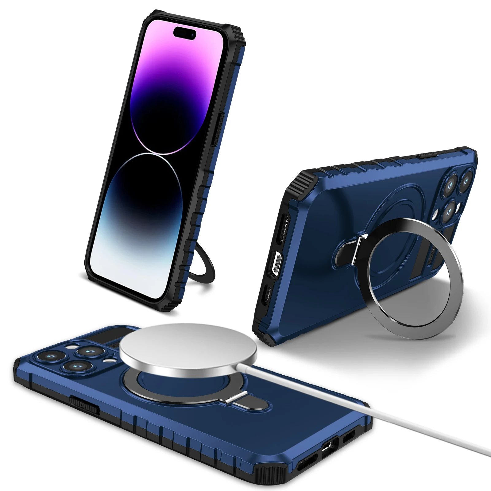 For Magsafe Magnetic Case For iPhone 16 15 Plus 14 13 12 11 Pro max Wireless Charging Shockproof Armor Phone Cover with Bracket Ring Holder Kickstand