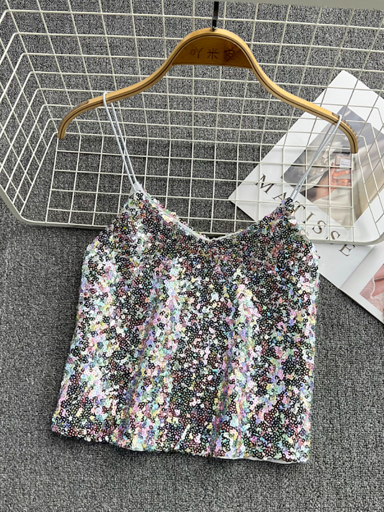 Camisoles Tanks HELIAR Sexy V Neck Shiny Sequin Camis Tops Women Sleeveless Off Shoulder Glitter Short Camisole Tank Evening Party Vest 230421