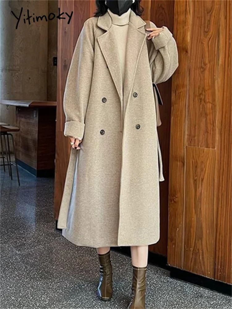 Women's Wool Blends Yitimoky Thicken Warm Coat Women 2023 Vintage Double Breasted Long Jackets Casual Loose Turn Down Collar Winter 231120