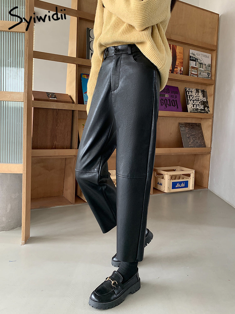 Women's Pants Capris Syiwidii Burgundy Leather Pants Women Wide Leg Trousers Korean Style Y2k Fashion Loose Pants High Waisted Black Pu Baggy Pan