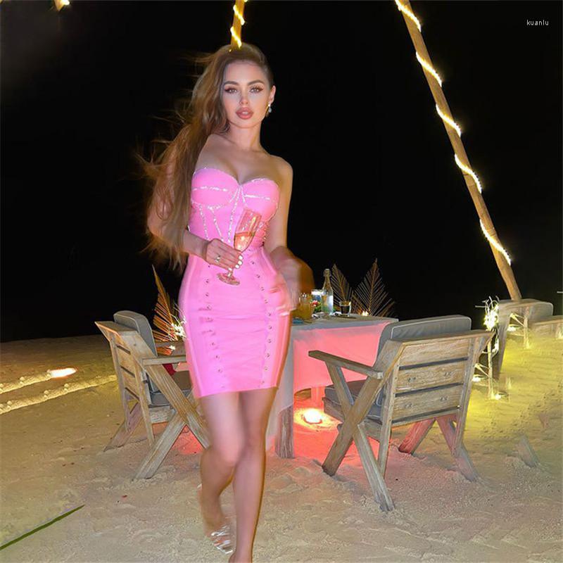 New Casual Dresses Spaghetti Strap Diamonds Bandage Dress Sleeveless Strapless Bodycon Mini Vestidos Pink Celebrity Evening Party