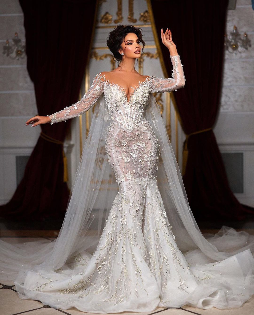 Elegant Mermaid Wedding Dresses Long Sleeves V Neck Appliques Sequins Ruffles 3D Lace Flowers Diamonds Pearls Floor Length Bridal Gowns Custom Made ab