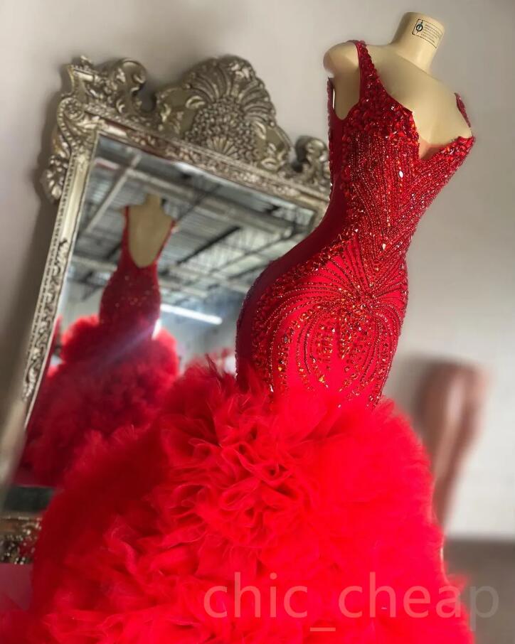 Arabic Aso Ebi Red Mermaid Evening Dresses Beaded Crystals Tiers Ruffles Tulle prom Occasion Engagement Gown Robe De Soiree