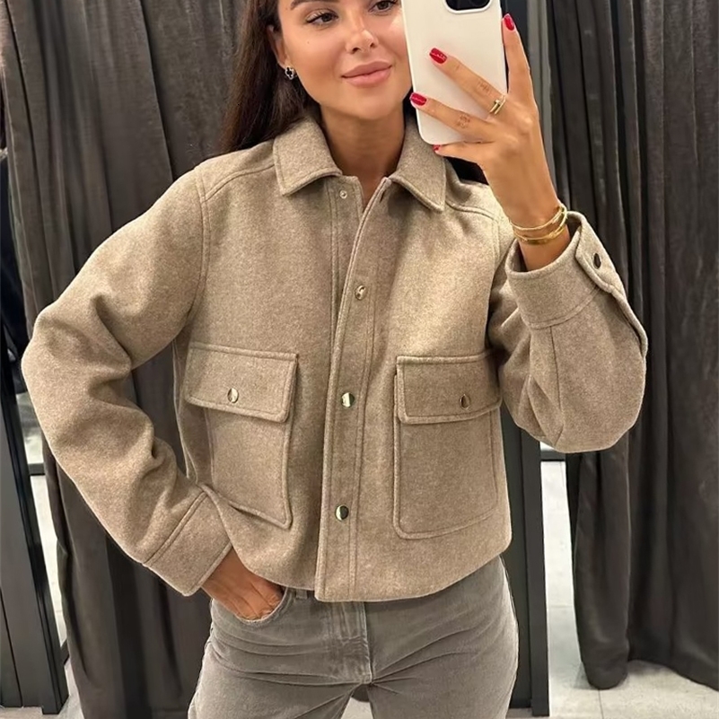 Women's Wool Blends SLTNX TRAF Fashion 2023 Women's Jacket Chic Turndown Collar with Button Autumn Winter Coat Ladies Elegant In 231120