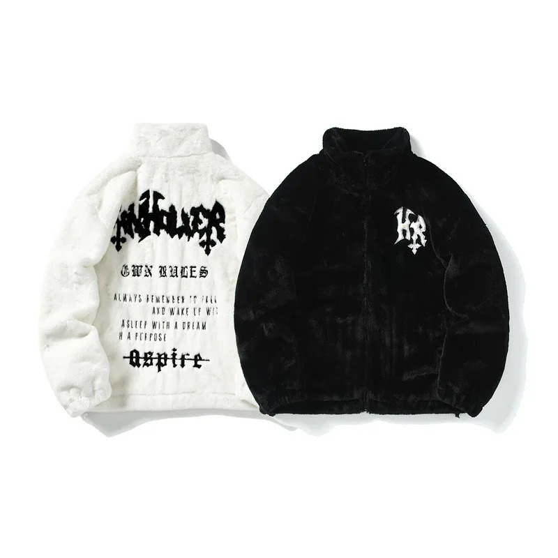 Men's Fur Faux Fur Men Rabbit Fur Jacket Coats Hip Hop Retro Letters Winter Fleece Jacket Streetwear Casual Harajuku Coat Zip Up Fashion Outerwea