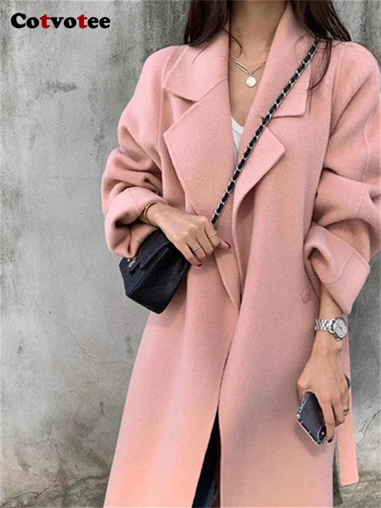 Women's Wool Blends Cotvotee Solid Coats for Women 2023 Fall Winter Korean Long Sleeve Turn Down Collar Loose Button Up Jacket 231120