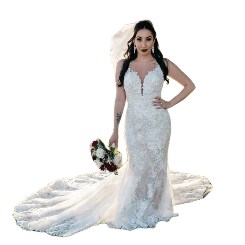 2024 Sexy Lace Mermaid Wedding Dresses Appliques Sheer Backless Long Beach Bridal Gowns Sleeveless Elegant Bride Dress custom Made