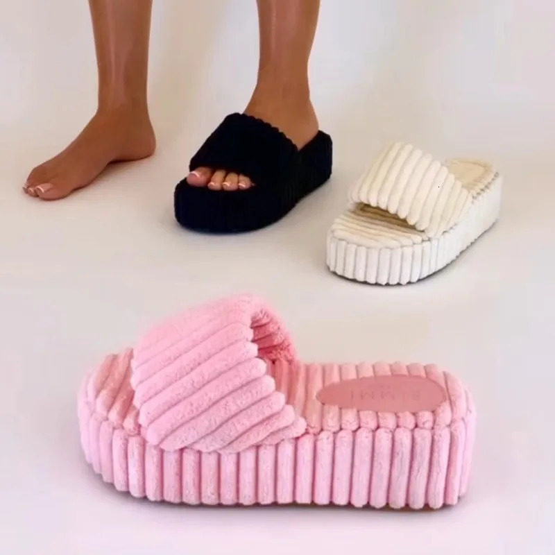 Slippers Women's High Heels Fur Slippers Winter Shoes Fashion Plush Warm Flip Flops Thick Bottom Mules Cotton Shoes High Heels Women 231120