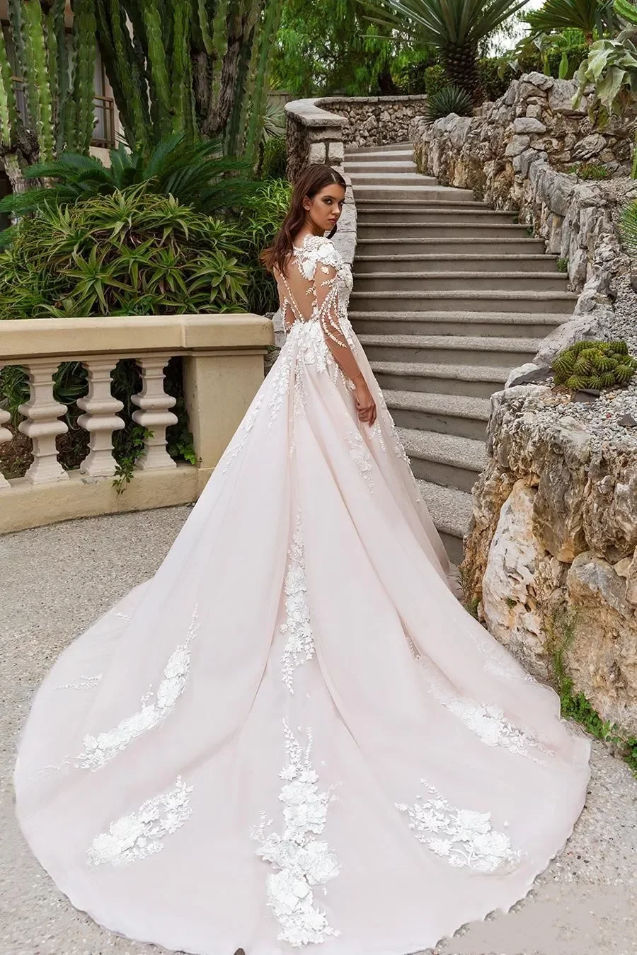 Dress Wedding Bridal Gowns Sheer Long Sleeves V Neck Embellished Lace Embroidered Romantic Princess Blush A E Beach Plus Size