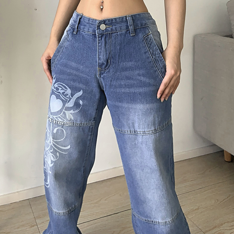 Women's Jeans Harajuku printed Cargo Jeans Y2K Dark Blue brown High Waist Streetwear 90S Baggy Jeans Women Pants Straight wide leg jeans 230421