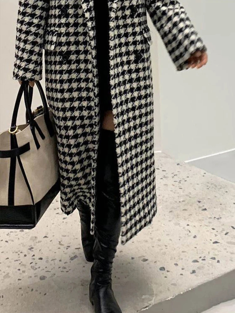 Women's Wool Blends Houndstooth Coat Women Vintage Faux Overcoat Female Autumn Winter Thick Warm Jacket Ladies Korean Fashion Long Blend Coats 23