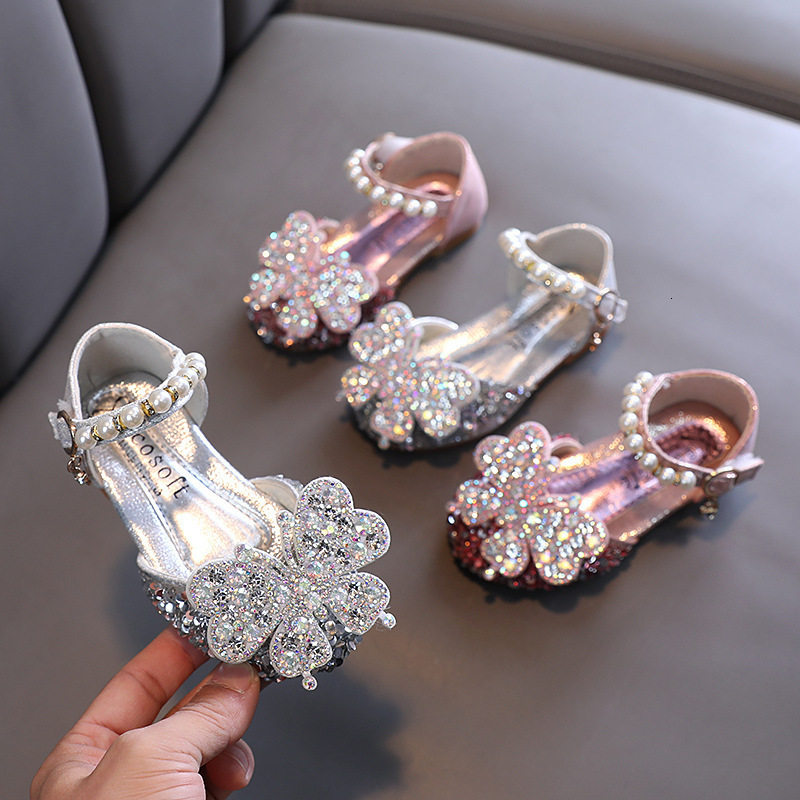 Sandals Kids Sequined Bowknot Princess Shoes Children Silver Pink Leather Shoes Wedding Party Girls Dance Performance Shoes G528 230421