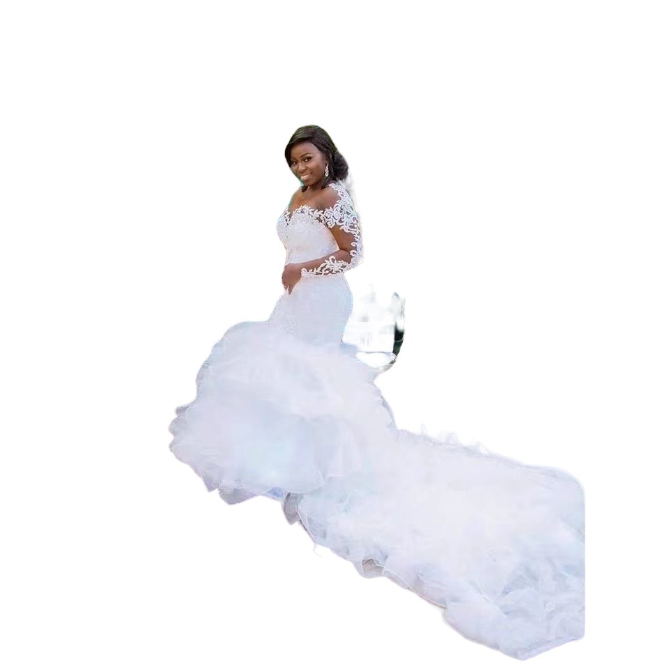 Mermaid Wedding Dresses Up Organza Chapel Train Lace Applique Bridal Cheap Plus Size Long Sleeve Muslim Vestido De Noiva Romantic Appliques Ruffles Go