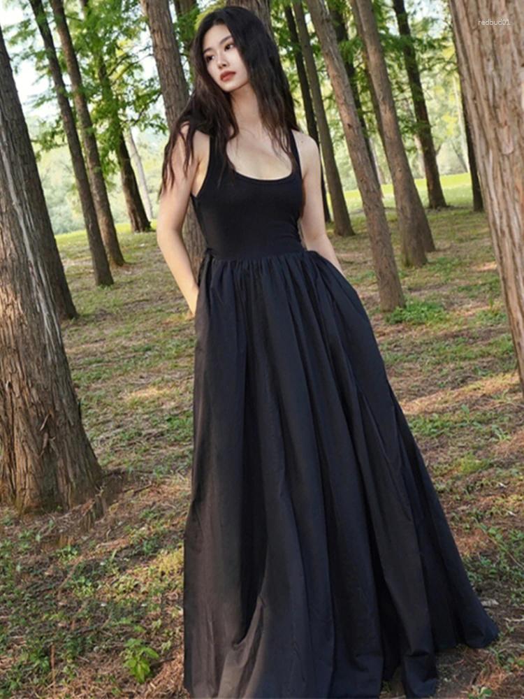 Casual Dresses Women Summer Elegent Sleeveless Big Swing Long Black Dress Female Fashion One Piece Vestidos Korean C