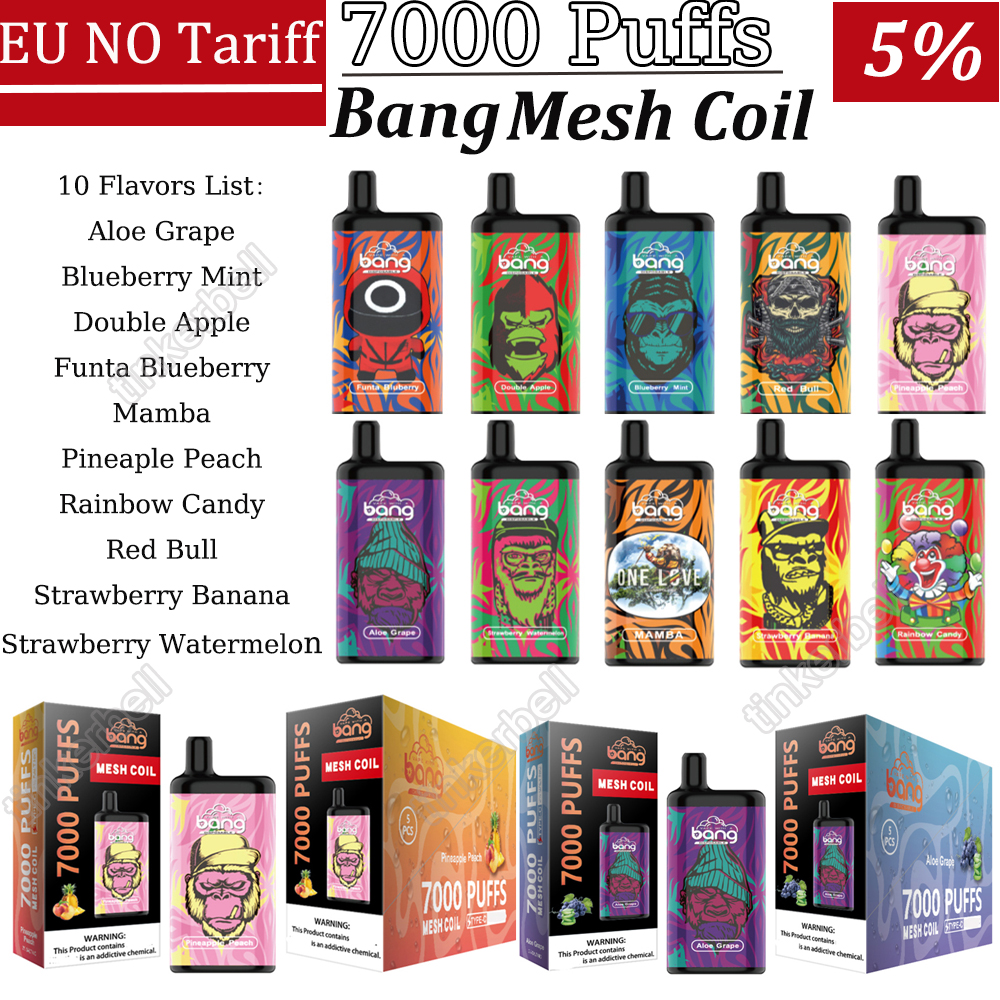 Bang Mesh Coil 7000 Puffs E Cigarettes Disposable Vapes 5% 850mah Rechargeable Battery 12ml Pre-filled Pod 10 Colors Puff 7000 Duty Free Vape Pen
Bang Mesh Coil 7000 Puffs E Cigarettes Disposable Vapes 5% 850mah Rechargeable Battery 12ml Pre-filled Pod 10 Colors Puff 7000 Duty Free Vape Pen