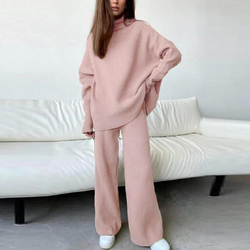 Womens Two Piece Pants Retro Turtle Neck Knitted Set Autumn and Winter Long Sleeve Flower TopWide Leg Trouser Solid 231120