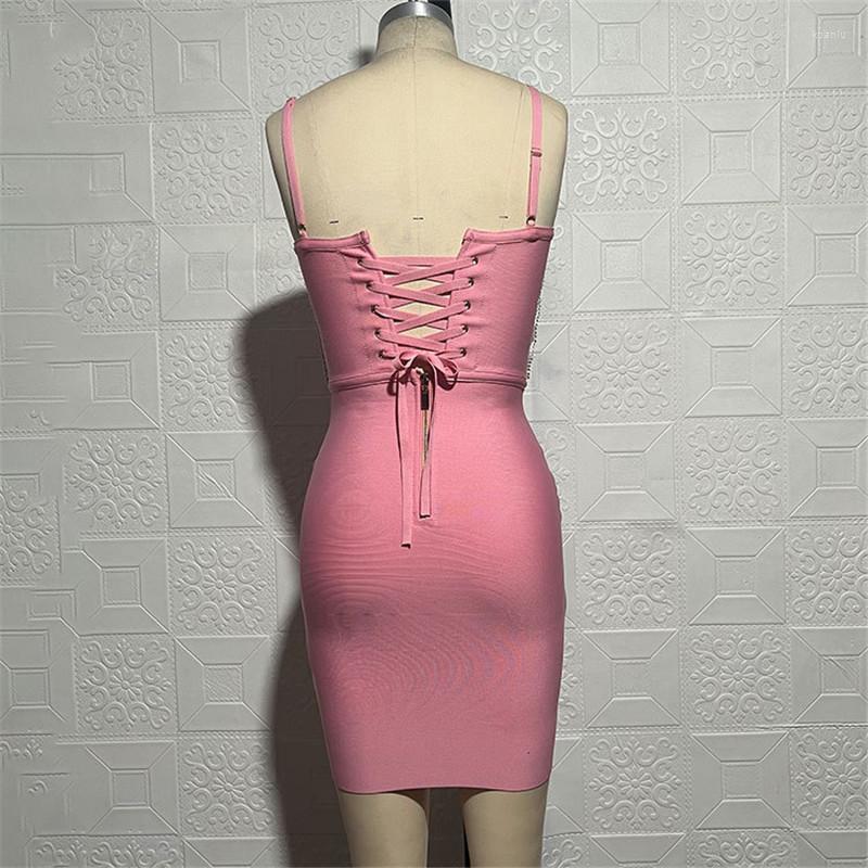 New Casual Dresses Spaghetti Strap Diamonds Bandage Dress Sleeveless Strapless Bodycon Mini Vestidos Pink Celebrity Evening Party