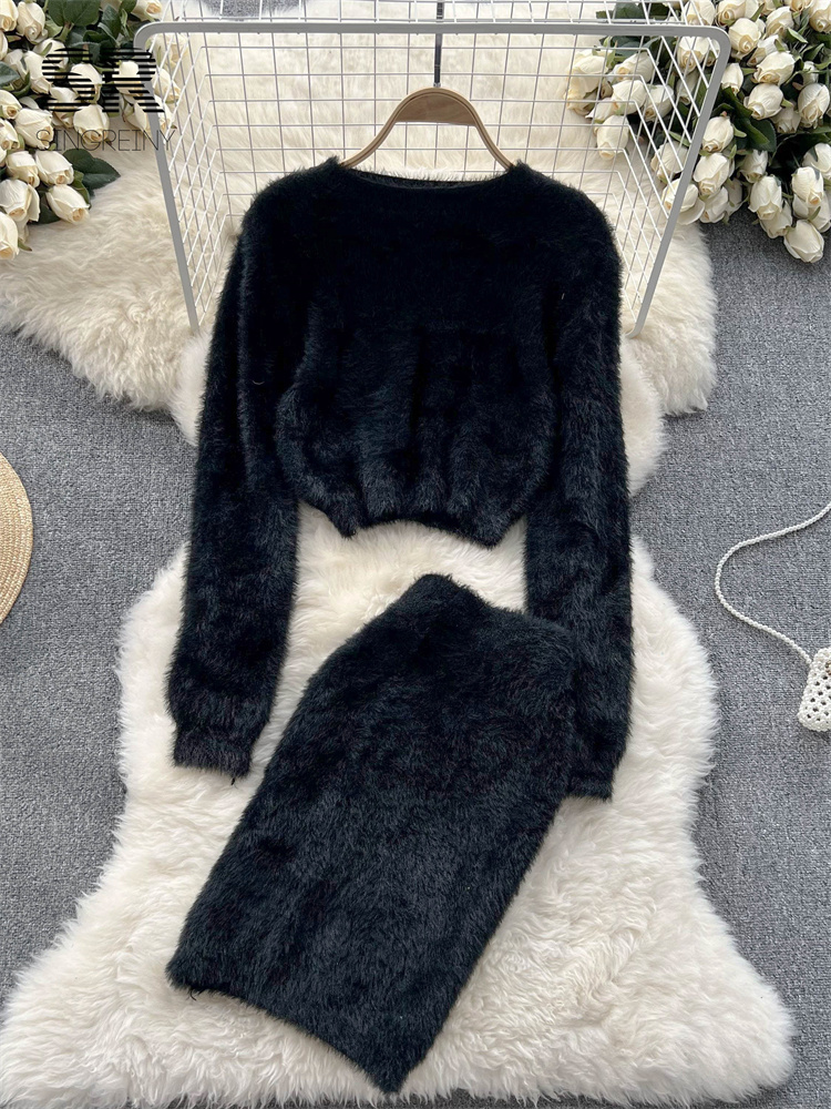 Two Piece Dress SINGREINY Solid Autumn Knit Two Piece Suits Fashion Women Long Sleeve O Neck Short Tops Mini Skirt Solid Winter Sweater Sets 230421