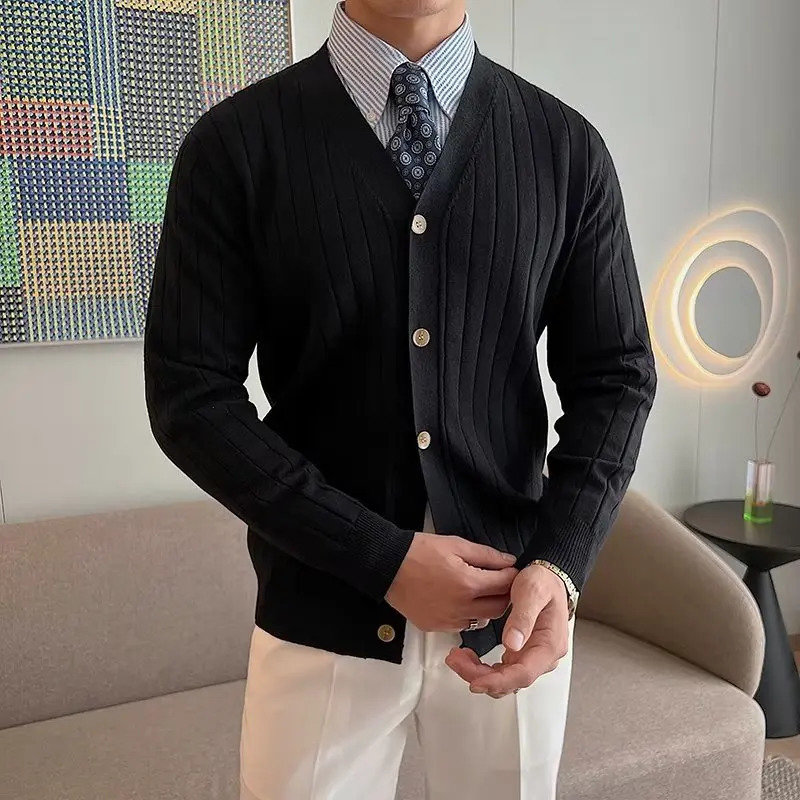 Men's Sweaters Vintage Winter Men Solid Cardigan Sweater Fashion Korean Japanese Button Up Slim Fit Elegant Male Striped Knitwear Streetwear 2311