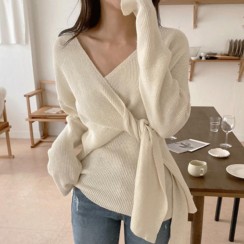 Womens Sweaters V-neck Irregular Kink Lace-up Design Knitted Pullovers Elegant Solid Long Sleeve Women Autumn 2023 Korean Chic JumpersWomen