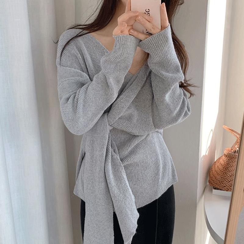 Womens Sweaters V-neck Irregular Kink Lace-up Design Knitted Pullovers Elegant Solid Long Sleeve Women Autumn 2023 Korean Chic JumpersWomen