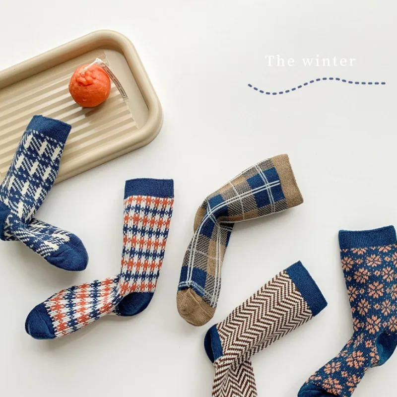 Kids Socks 5 Pairs/lot Children Cotton Boys Girls Socks Cute Plaid Pattern Baby Socks Autumn Winter Warm Sport Socks for 3-12Y Kids 231121