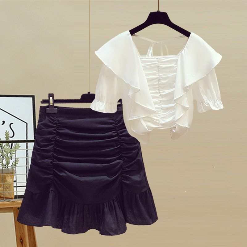 Skirts Large Size Women's Summer Suit 2023 Shirt Slim High Waist Fishtail Hip Skirt Top Twopiece Set 230420