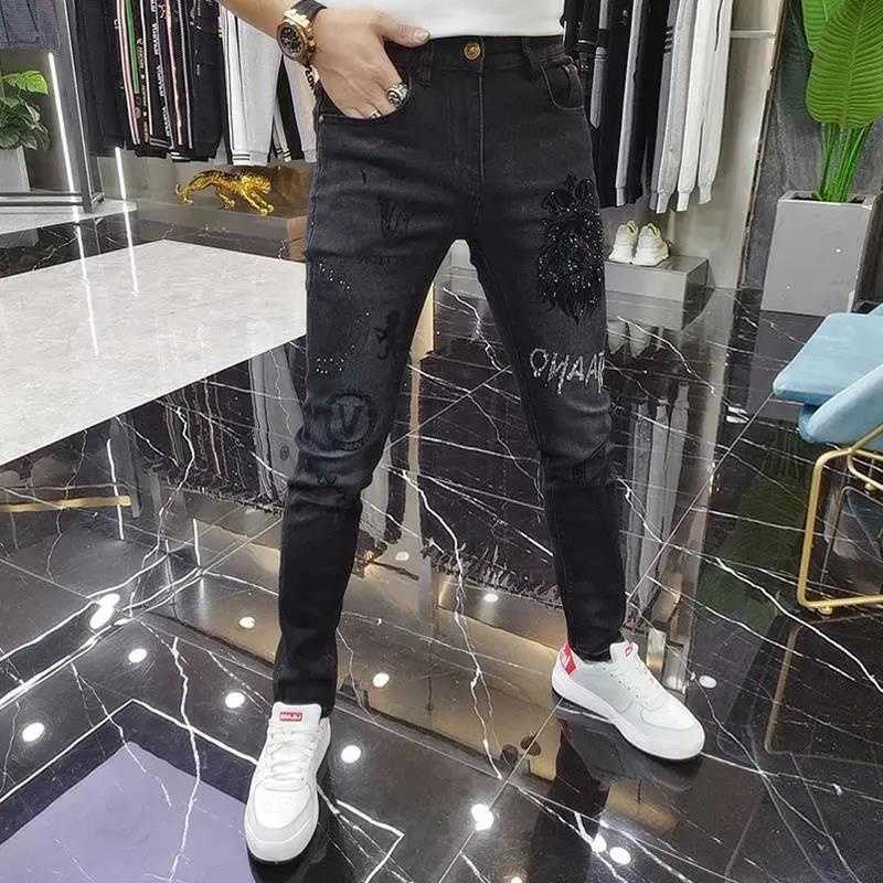 Men's Jeans Spring Jean Men European Animal Fashion Brand Lion Jean Hombre Erkek Kot Pantolon Slim Small Foot Pant Rhinestones Men Jean Pant J230