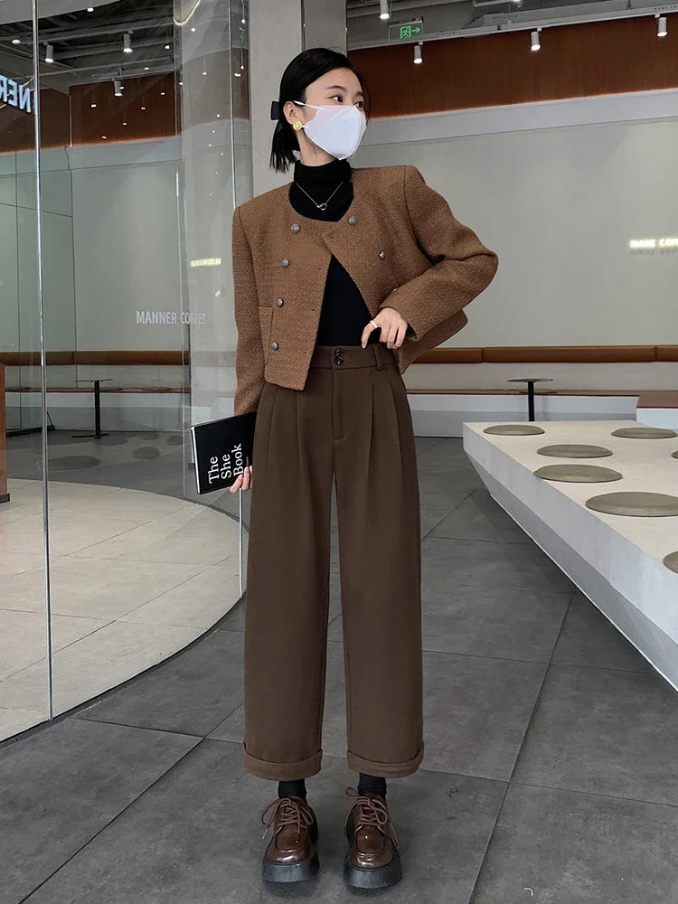 Women's Pants Capris Fall Winter Woolen Harem Pants Women Straight Thickened Nine-point Trouser Female High Quality Casual Wide Leg Outwear Pant 