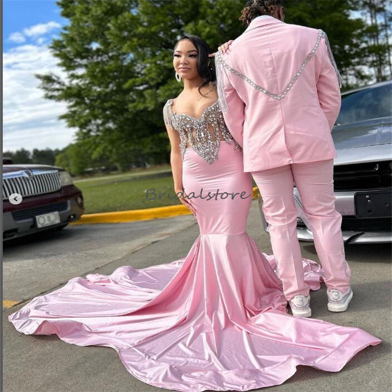 Luxury Pink Black Girls Prom Dress With Beaded Mermaid Long Train Evening Gown 2023 Sweet 15 Birthday Dress Ceremony Formal Wear Formal Occasion Dress