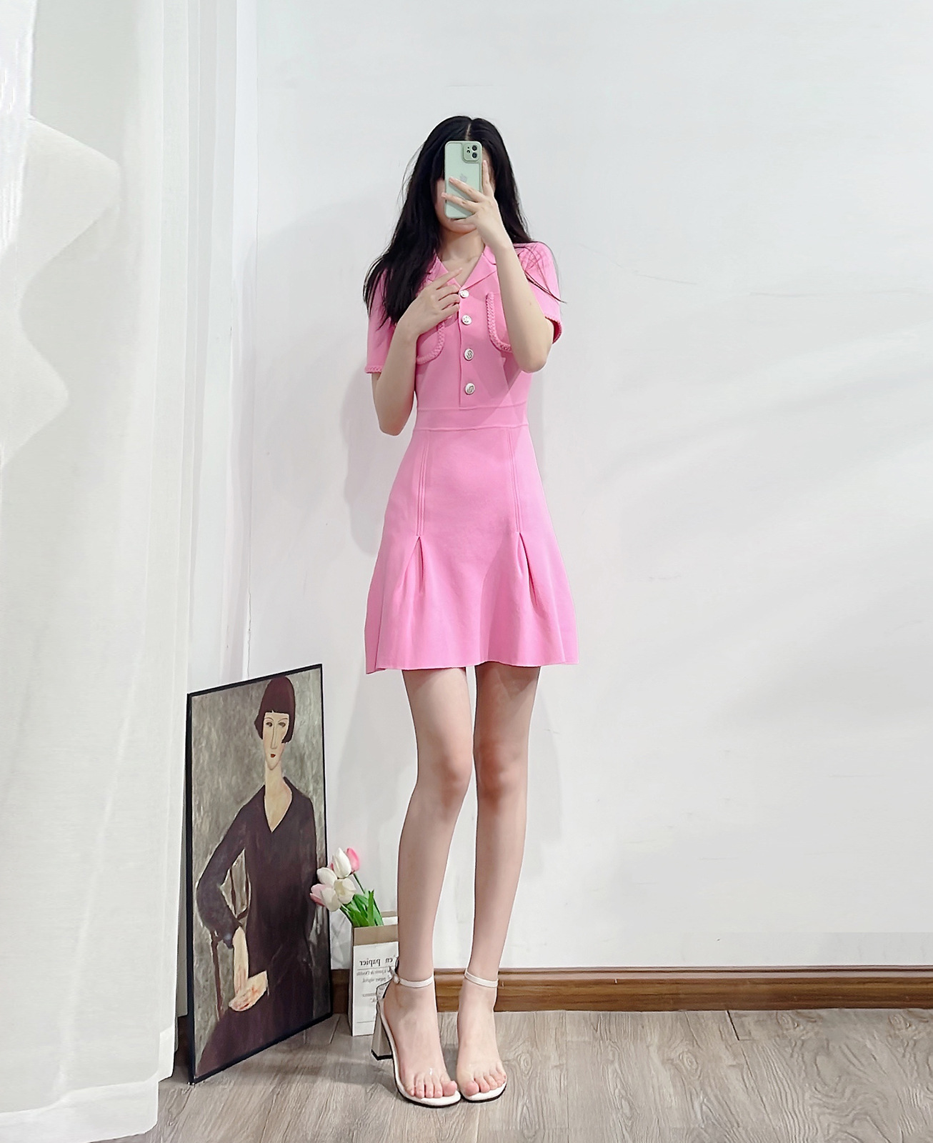 22SS Maje V-neck Dress with Half Buttons Braided Dresses