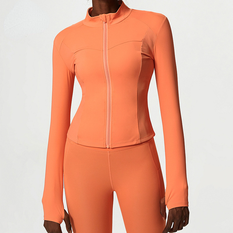 A67 Yoga Suit Womens Sports Jacket Ribbed Coat Stand Up Collar Breathable High Elasticity Tight Ssun Proof Zipper Shity