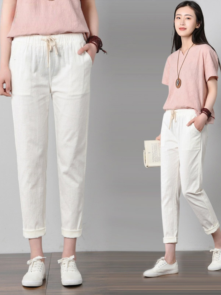 Women's Pants Capris Spring Summer Casual Cotton Linen Pants Women Elastic Waist Solid Pockets Retro Loose Women's Harem Pants Trousers Bott
