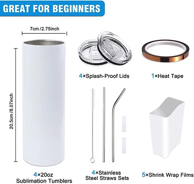 US/CA warehouse 2 Days Delivery white Mugs sublimation tumbler 20oz straight stainless steel blanks tumbler with straw