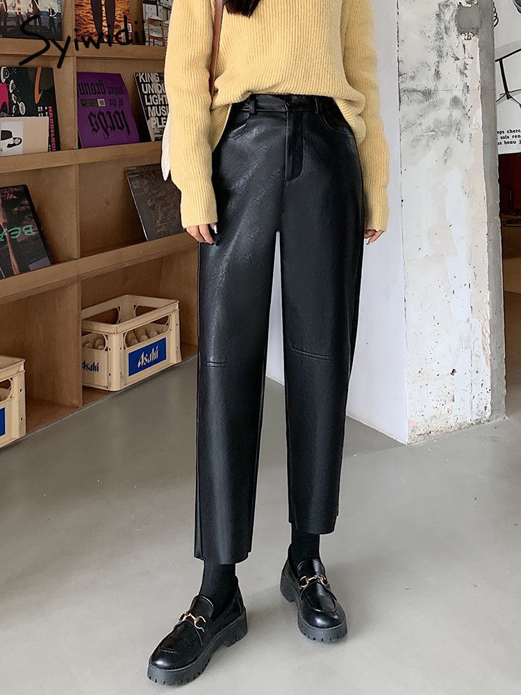 Women's Pants Capris Syiwidii Burgundy Leather Pants Women Wide Leg Trousers Korean Style Y2k Fashion Loose Pants High Waisted Black Pu Baggy Pan