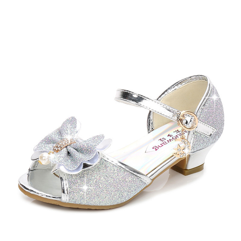 Sandals Children Fashion Sequins Princess Sandals Kids Girls Wedding Bowtie High Heels Dress Shoes Girls Birthday Party Dancing Shoes 230421