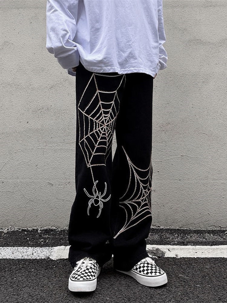 Women's Pants Capris Grunge Punk spider web print Black Women's pants goth Streetwear Oversize Wide Leg Trousers 90s Vintage y2k clothes car