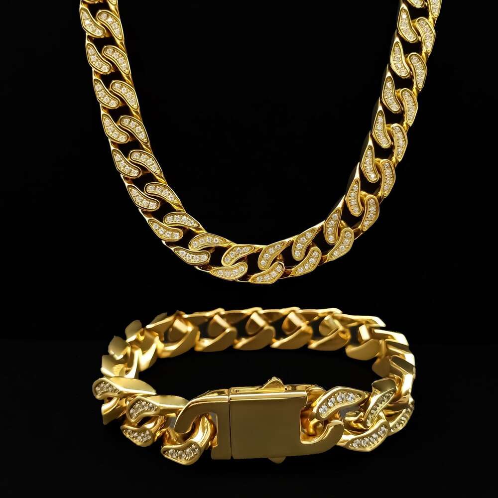 Gold studded Cuban bracelet hip-hop trendy brand full diamond jewelry stainless steel four sided grinding bracelet