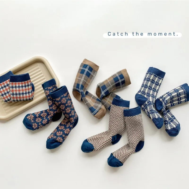 Kids Socks 5 Pairs/lot Children Cotton Boys Girls Socks Cute Plaid Pattern Baby Socks Autumn Winter Warm Sport Socks for 3-12Y Kids 231121